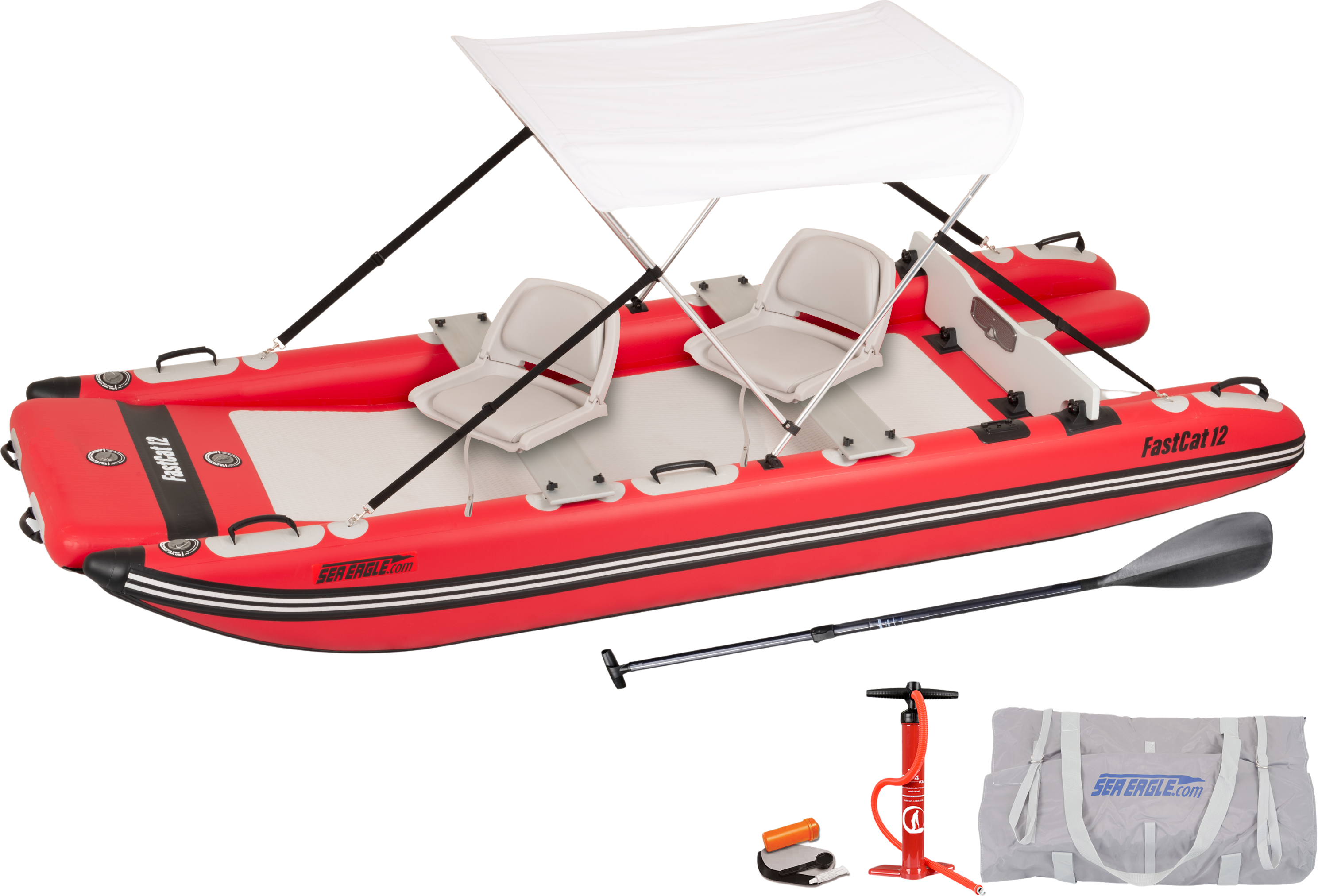Sea Eagle FASTCAT12 Catamaran Inflatable Boat Swivel Seat Canopy Package (New)