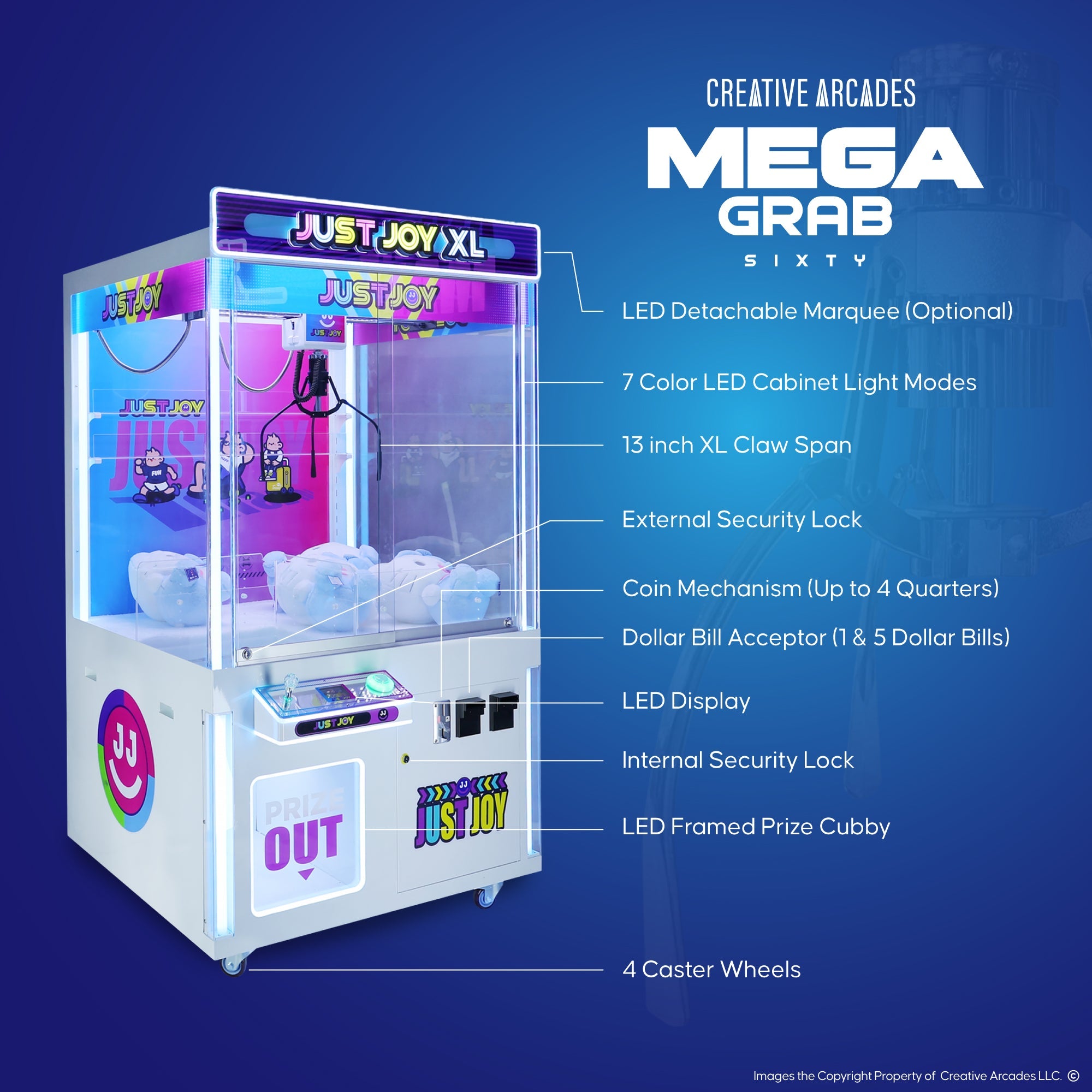 Creative Arcades Mega Grab XL 60" Claw Machine with Neon Lights
