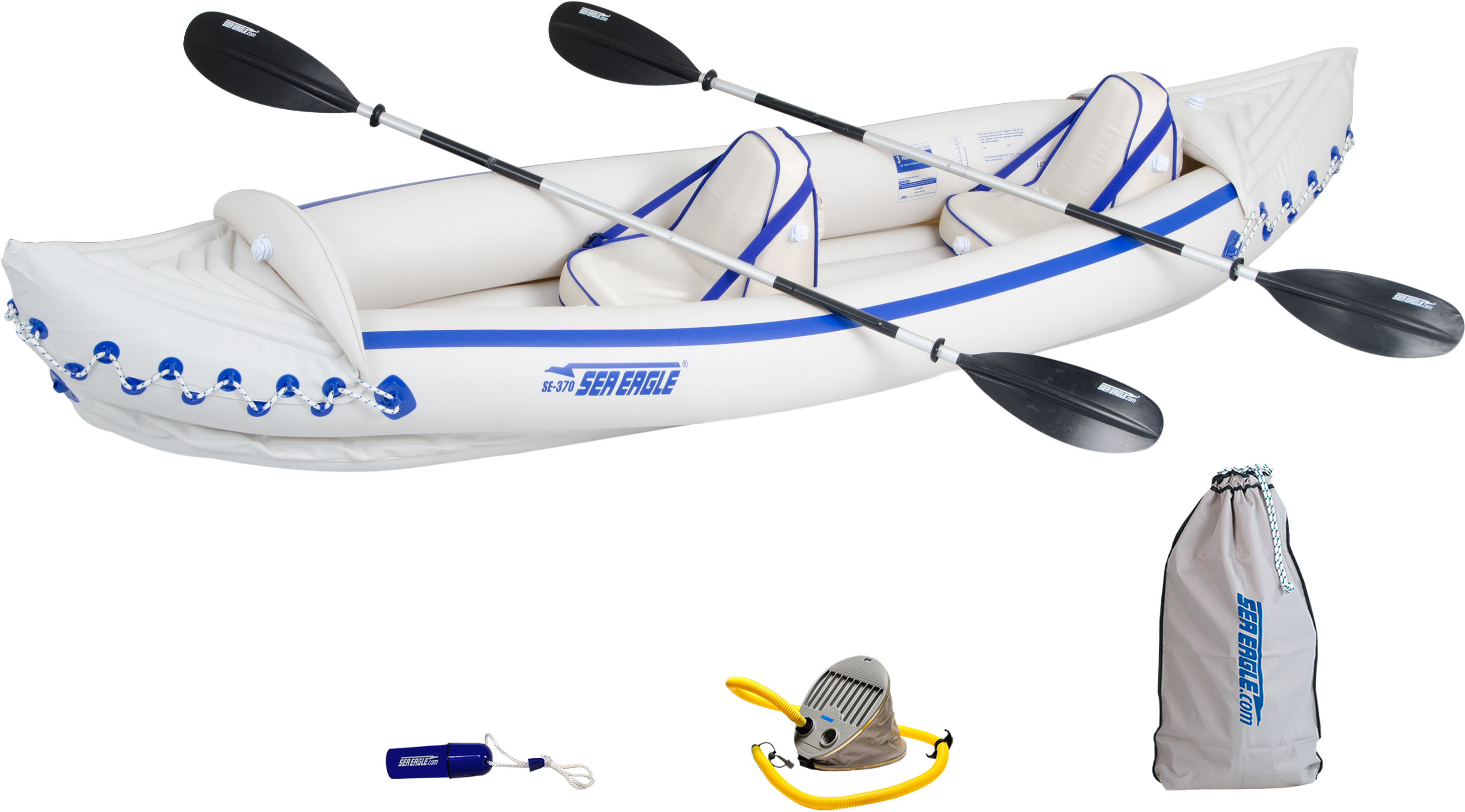 Sea Eagle 370 Inflatable Portable Sport Kayak Canoe 3-Person Pro Package with Paddles, White/Blue (New)