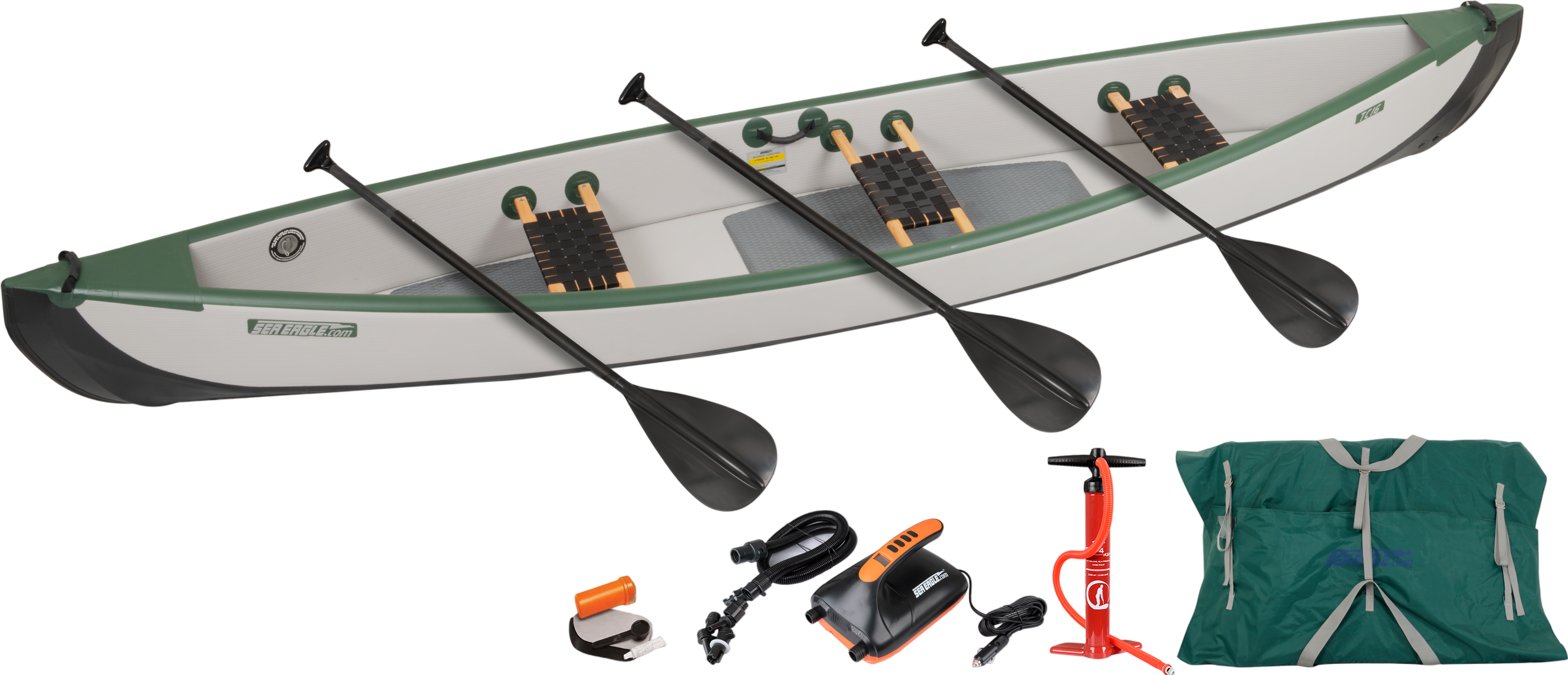 Sea Eagle TC16 Inflatable Travel Canoe with Wood/Web Seats & Electric Pump for 3 Package (New)
