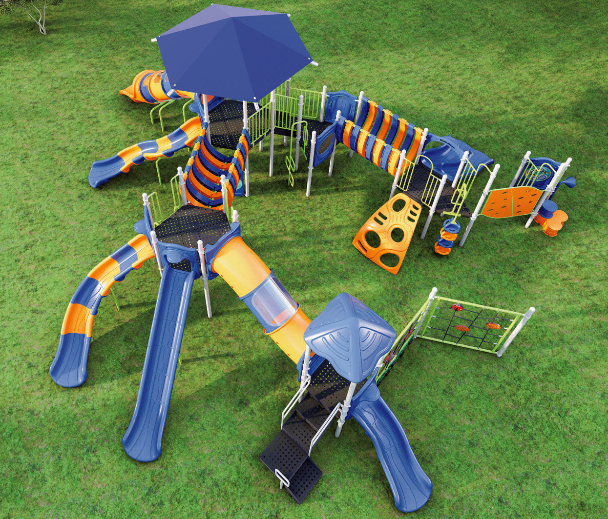 Colorful playground equipment on a grassy area