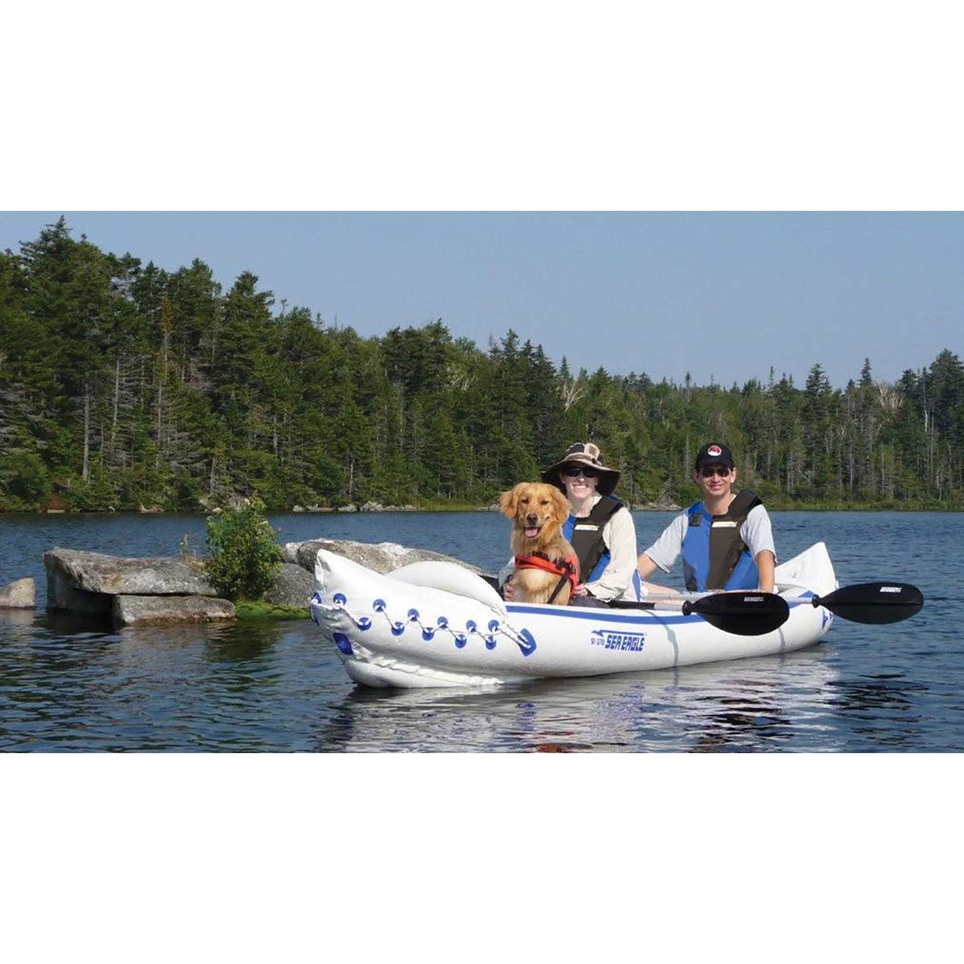 Sea Eagle 370 Inflatable Portable Sport Kayak Canoe 3-Person Pro Package with Paddles, White/Blue (New)